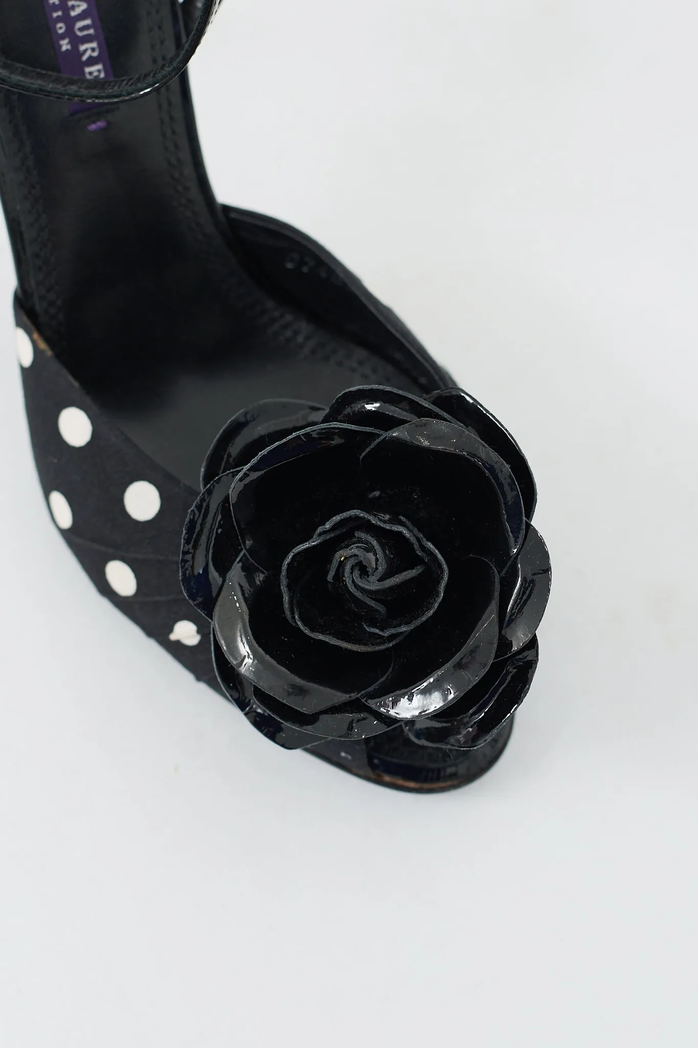 Black Patent Leather & White Polka Dotted Rose Heel