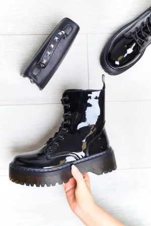 Black Patent Leather Double Sole Boots - Dakoda