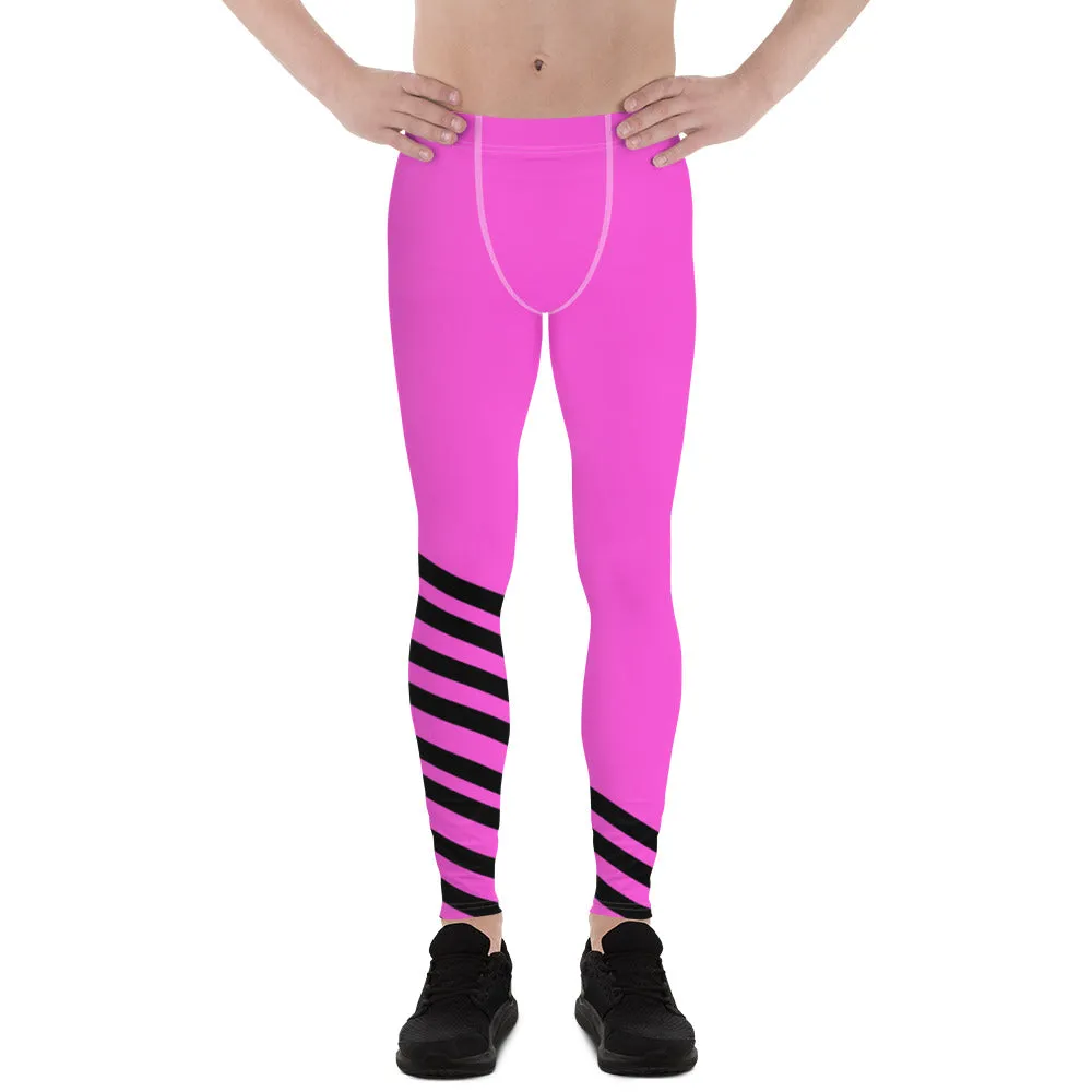 Black Pink Diagonal Striped Meggings, Best Designer Men's Athletic Running Leggings-Made in USA/EU/MX