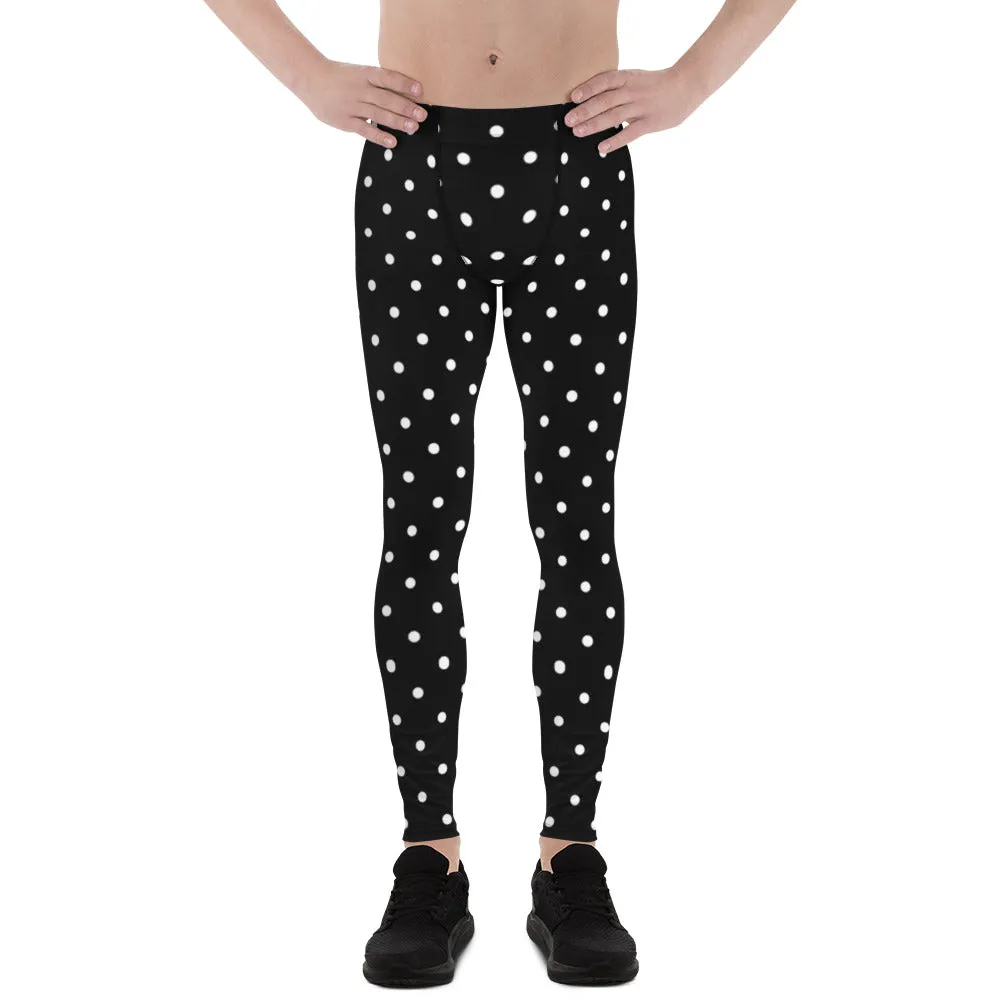 Black Polka Dots Men's Leggings, Classic Dotted Designer Best Meggings-Made in USA/EU/MX