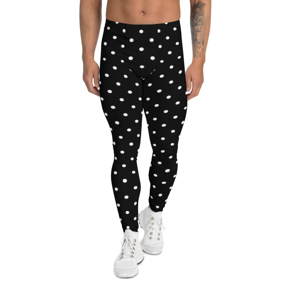 Black Polka Dots Men's Leggings, Classic Dotted Designer Best Meggings-Made in USA/EU/MX