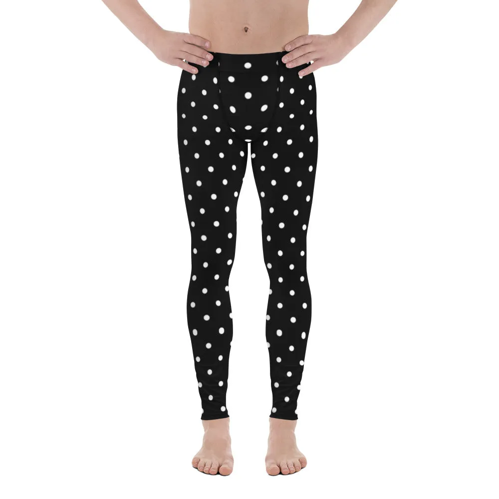 Black Polka Dots Men's Leggings, Classic Dotted Designer Best Meggings-Made in USA/EU/MX