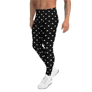 Black Polka Dots Men's Leggings, Classic Dotted Designer Best Meggings-Made in USA/EU/MX