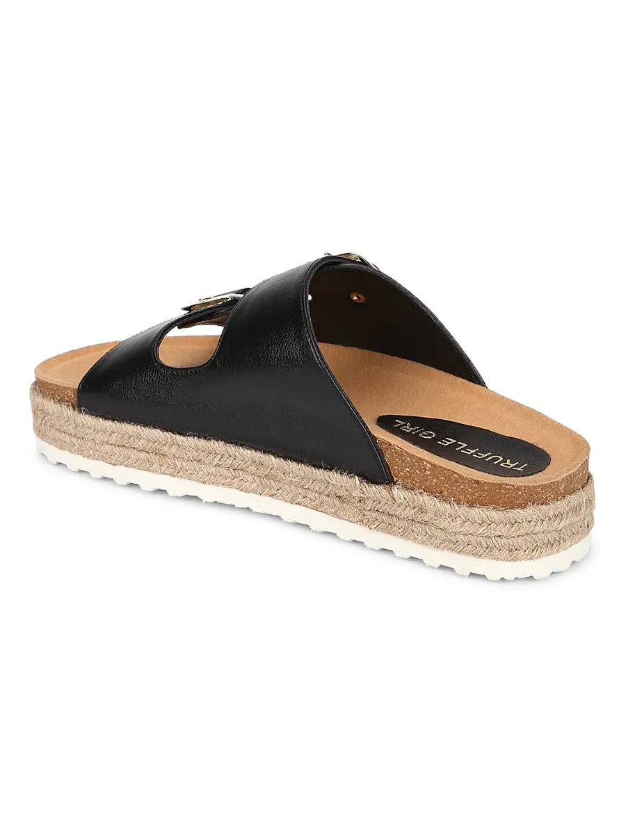 Black PU Side Buckle Wedges Espadrilles Sandals