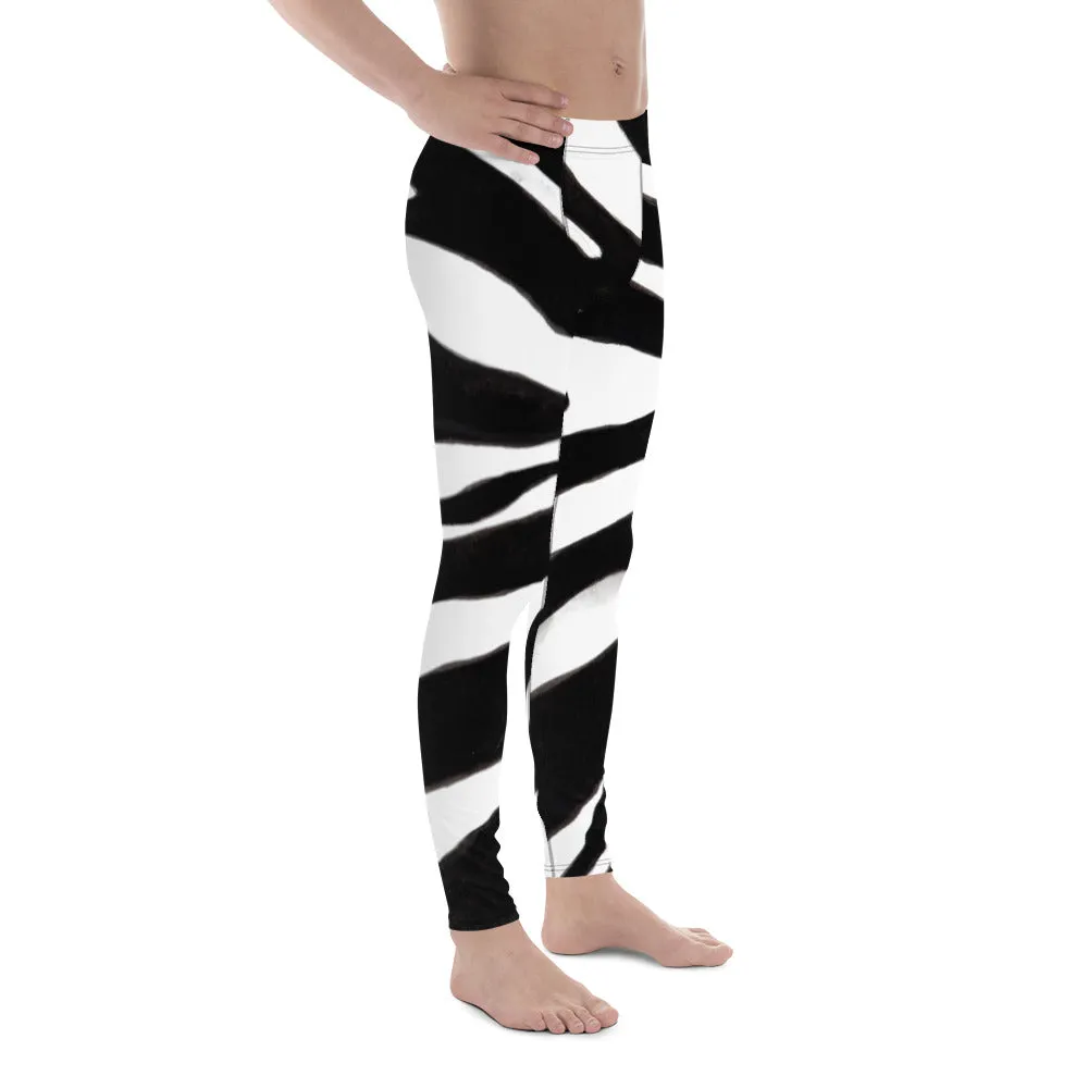 Black Zebra Men's Leggings, Zebra Striped Animal Print Designer Meggings Compression Tights For Men- Made in USA/EU