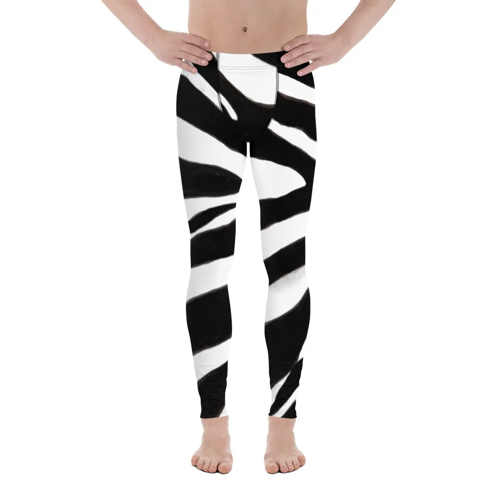 Black Zebra Men's Leggings, Zebra Striped Animal Print Designer Meggings Compression Tights For Men- Made in USA/EU