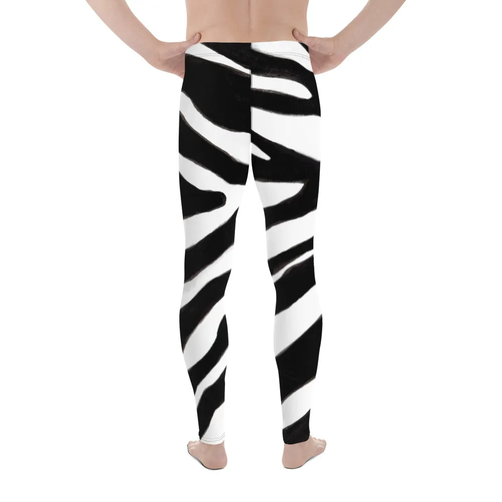 Black Zebra Men's Leggings, Zebra Striped Animal Print Designer Meggings Compression Tights For Men- Made in USA/EU