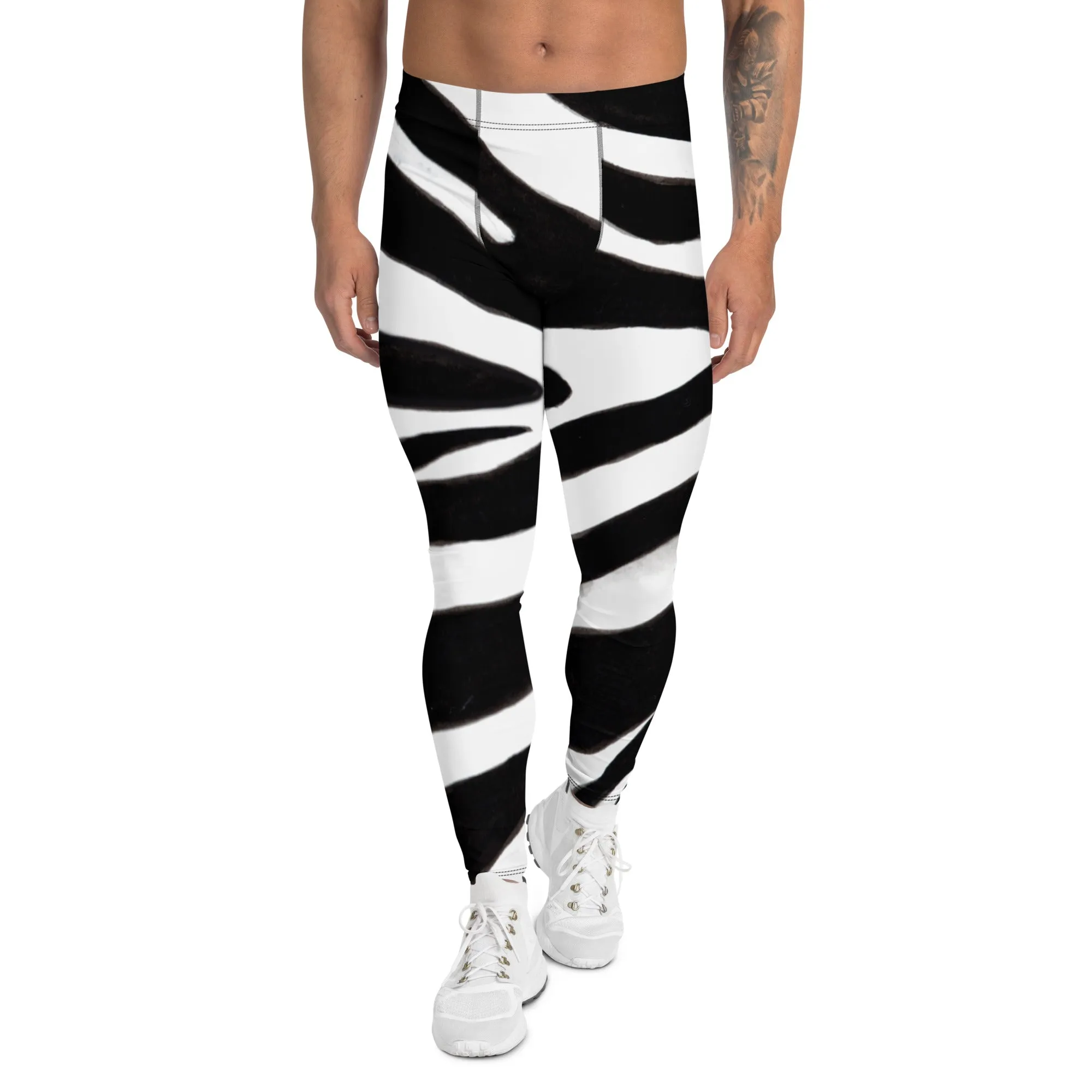 Black Zebra Men's Leggings, Zebra Striped Animal Print Designer Meggings Compression Tights For Men- Made in USA/EU