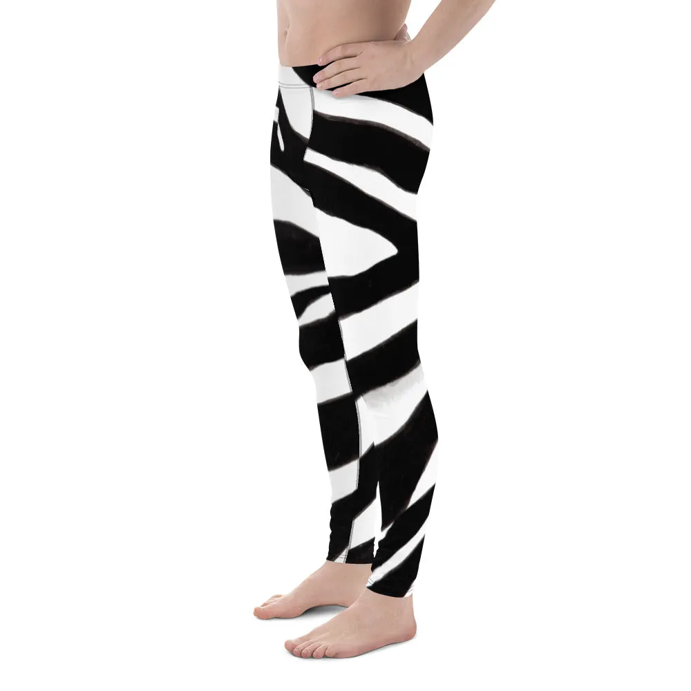 Black Zebra Men's Leggings, Zebra Striped Animal Print Designer Meggings Compression Tights For Men- Made in USA/EU