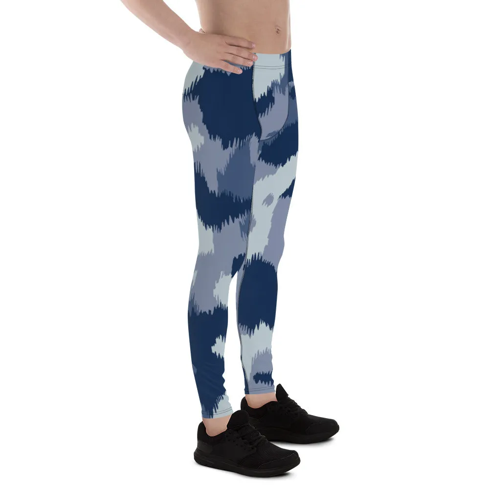 Blue Abstract Printed Men's Leggings, Designer Compression Tights For Men - Made in USA/EU/MX