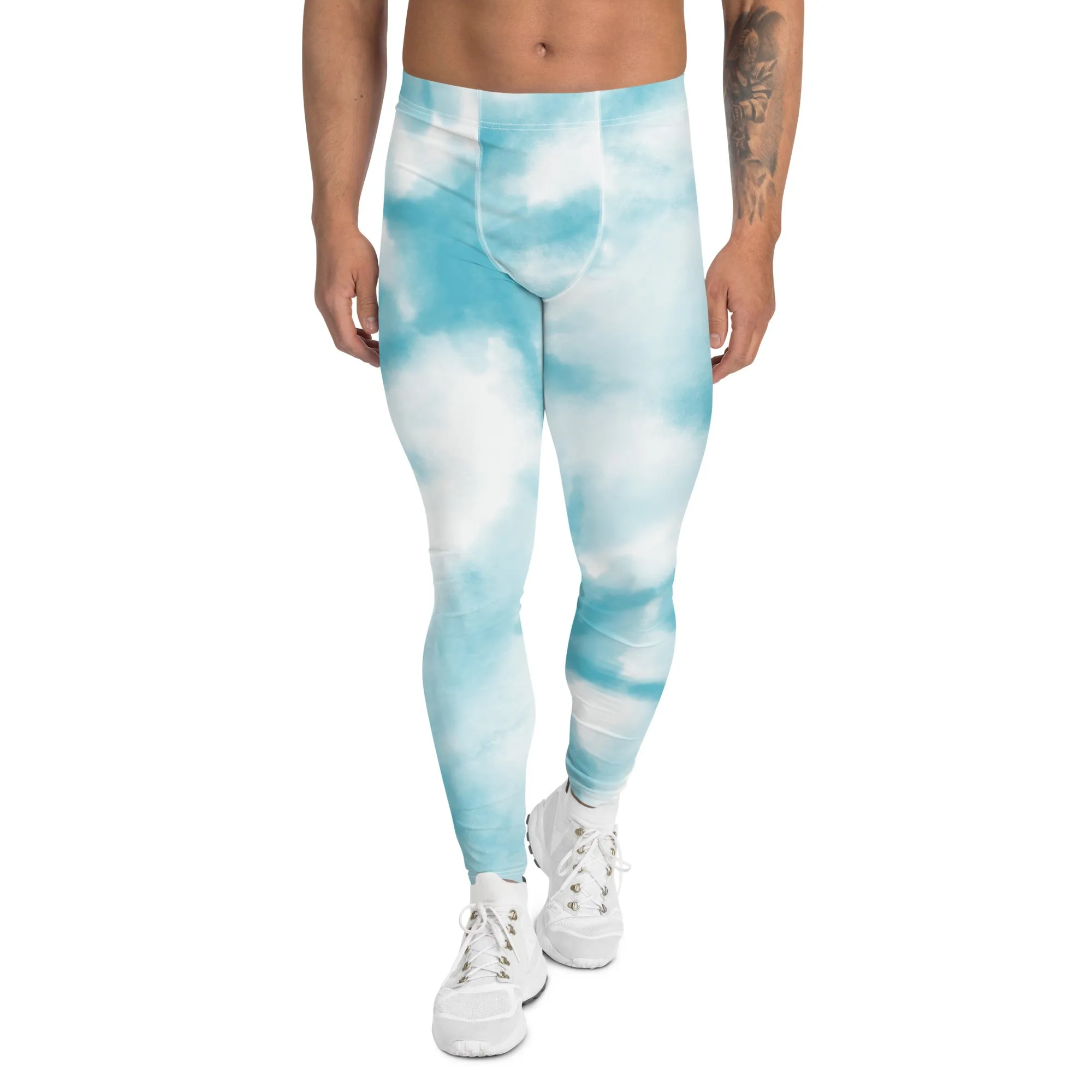 Blue Tie Dye Meggings, Designer Abstract Pastel Men's Leggings Compression Tights For Men - Made in USA/EU/MX