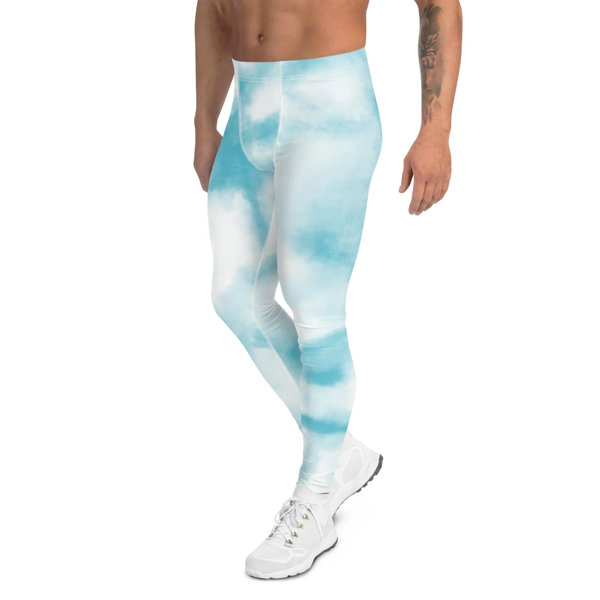 Blue Tie Dye Meggings, Designer Abstract Pastel Men's Leggings Compression Tights For Men - Made in USA/EU/MX