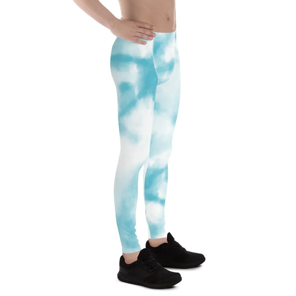 Blue Tie Dye Meggings, Designer Abstract Pastel Men's Leggings Compression Tights For Men - Made in USA/EU/MX