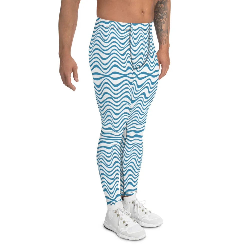 Blue Wavy Men's Leggings, Modern Abstract Graphic Designer Tights-Made in USA/EU/MX