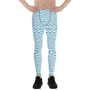 Blue Wavy Men's Leggings, Modern Abstract Graphic Designer Tights-Made in USA/EU/MX