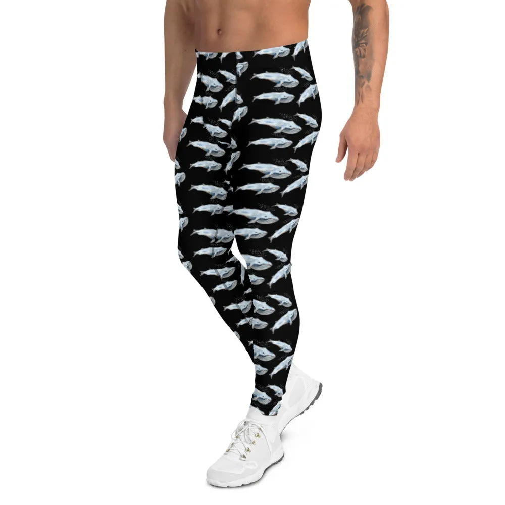 Blue Whale Men's Black Leggings, Black Best Whale Marine Fish Compression Tights-Made in USA/EU