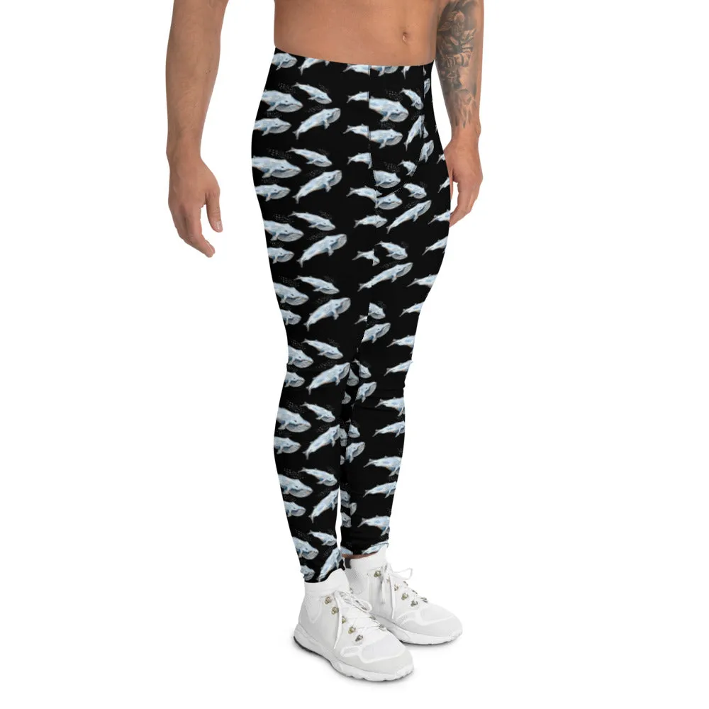 Blue Whale Men's Black Leggings, Black Best Whale Marine Fish Compression Tights-Made in USA/EU