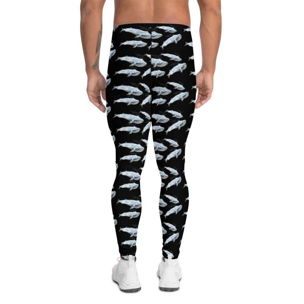 Blue Whale Men's Black Leggings, Black Best Whale Marine Fish Compression Tights-Made in USA/EU