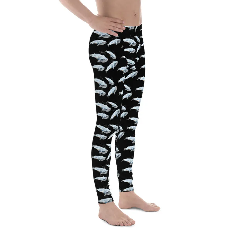 Blue Whale Men's Black Leggings, Black Best Whale Marine Fish Compression Tights-Made in USA/EU