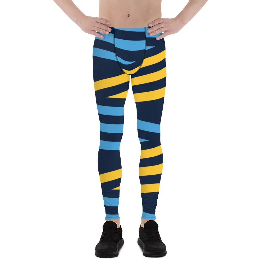 Blue Yellow Striped Men's Leggings, Diagonally Stripes Modern Premium Running Tights For Men