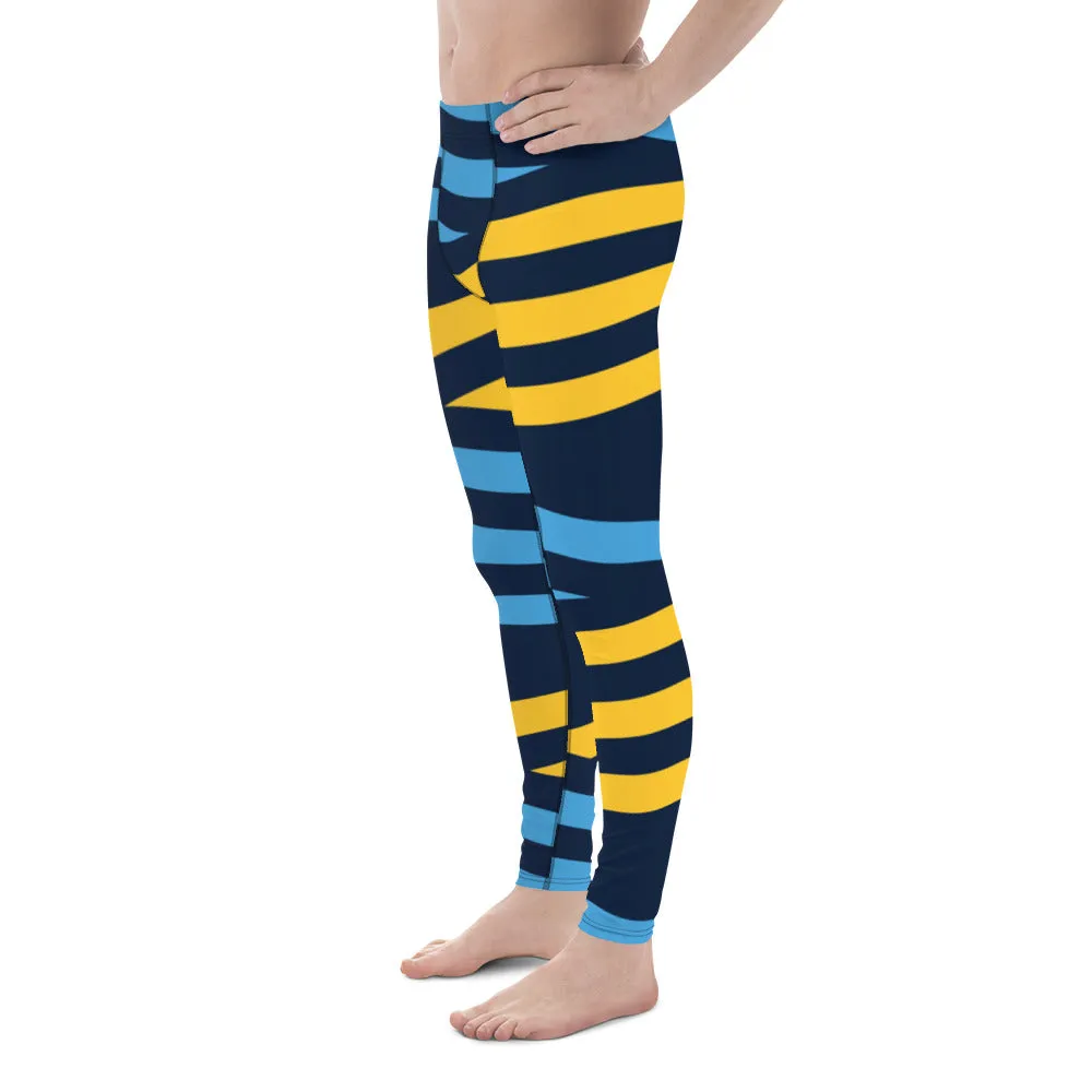 Blue Yellow Striped Men's Leggings, Diagonally Stripes Modern Premium Running Tights For Men