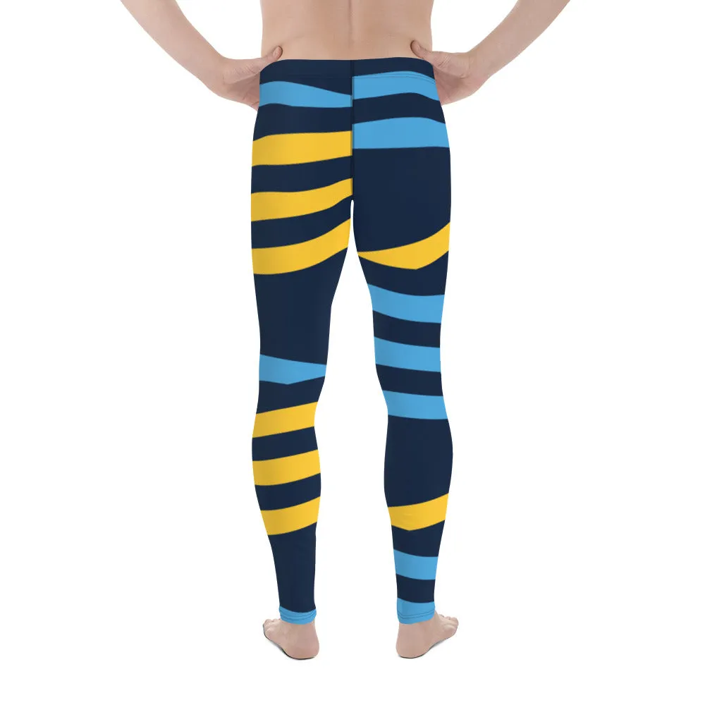 Blue Yellow Striped Men's Leggings, Diagonally Stripes Modern Premium Running Tights For Men