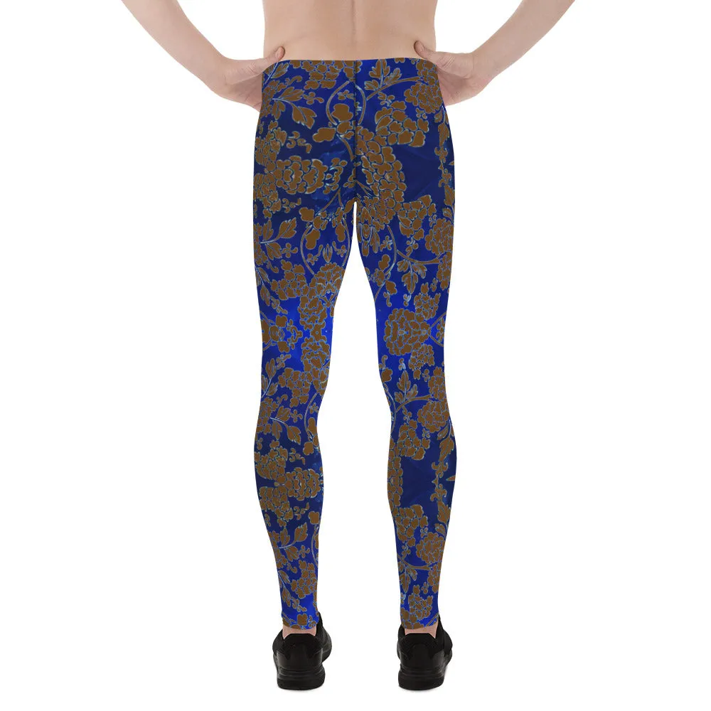 Brown Blue Floral Print Meggings, Best Blue and Brown Oriental Style Floral Print Meggings Compression Tights - Made in USA/EU/MX