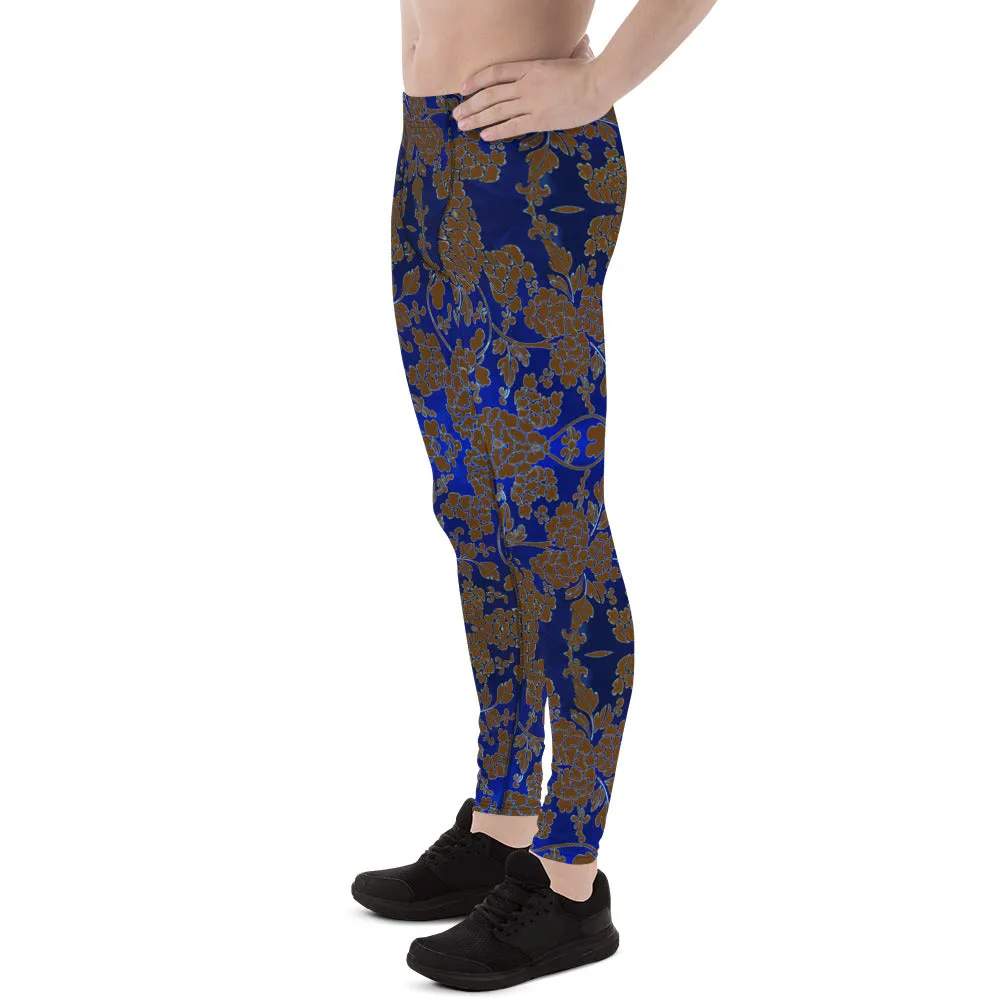 Brown Blue Floral Print Meggings, Best Blue and Brown Oriental Style Floral Print Meggings Compression Tights - Made in USA/EU/MX