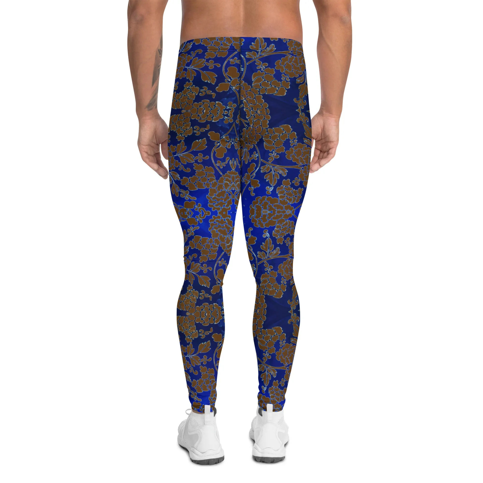 Brown Blue Floral Print Meggings, Best Blue and Brown Oriental Style Floral Print Meggings Compression Tights - Made in USA/EU/MX