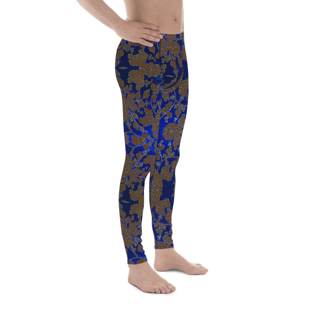 Brown Blue Floral Print Meggings, Best Blue and Brown Oriental Style Floral Print Meggings Compression Tights - Made in USA/EU/MX