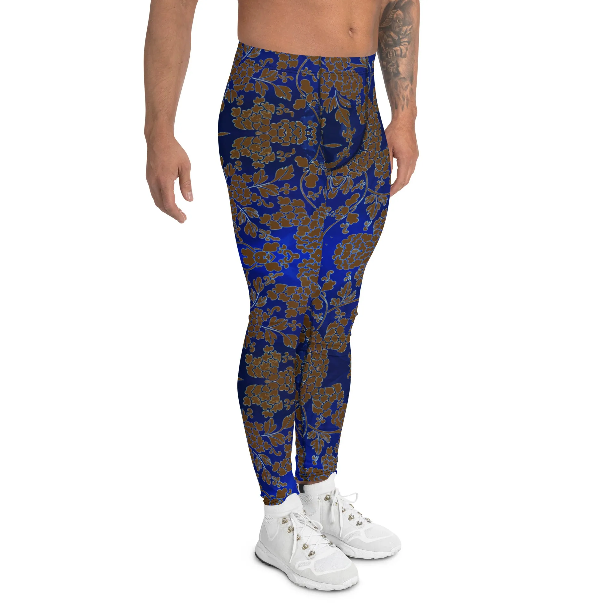 Brown Blue Floral Print Meggings, Best Blue and Brown Oriental Style Floral Print Meggings Compression Tights - Made in USA/EU/MX