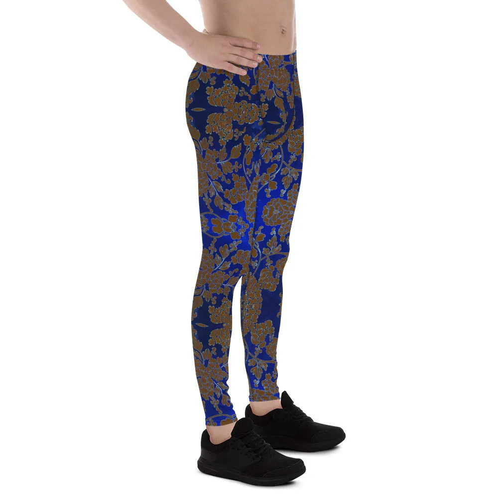 Brown Blue Floral Print Meggings, Best Blue and Brown Oriental Style Floral Print Meggings Compression Tights - Made in USA/EU/MX