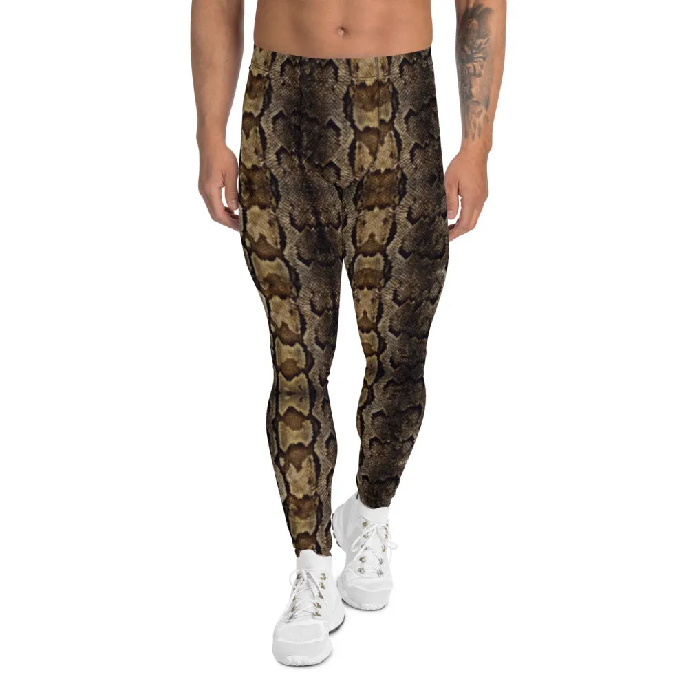 Brown Snake Print Men's Leggings, Snake Skin Python Style Meggings Tights For Men - Made in USA/EU