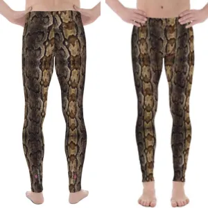 Brown Snake Print Men's Leggings, Snake Skin Python Style Meggings Tights For Men - Made in USA/EU