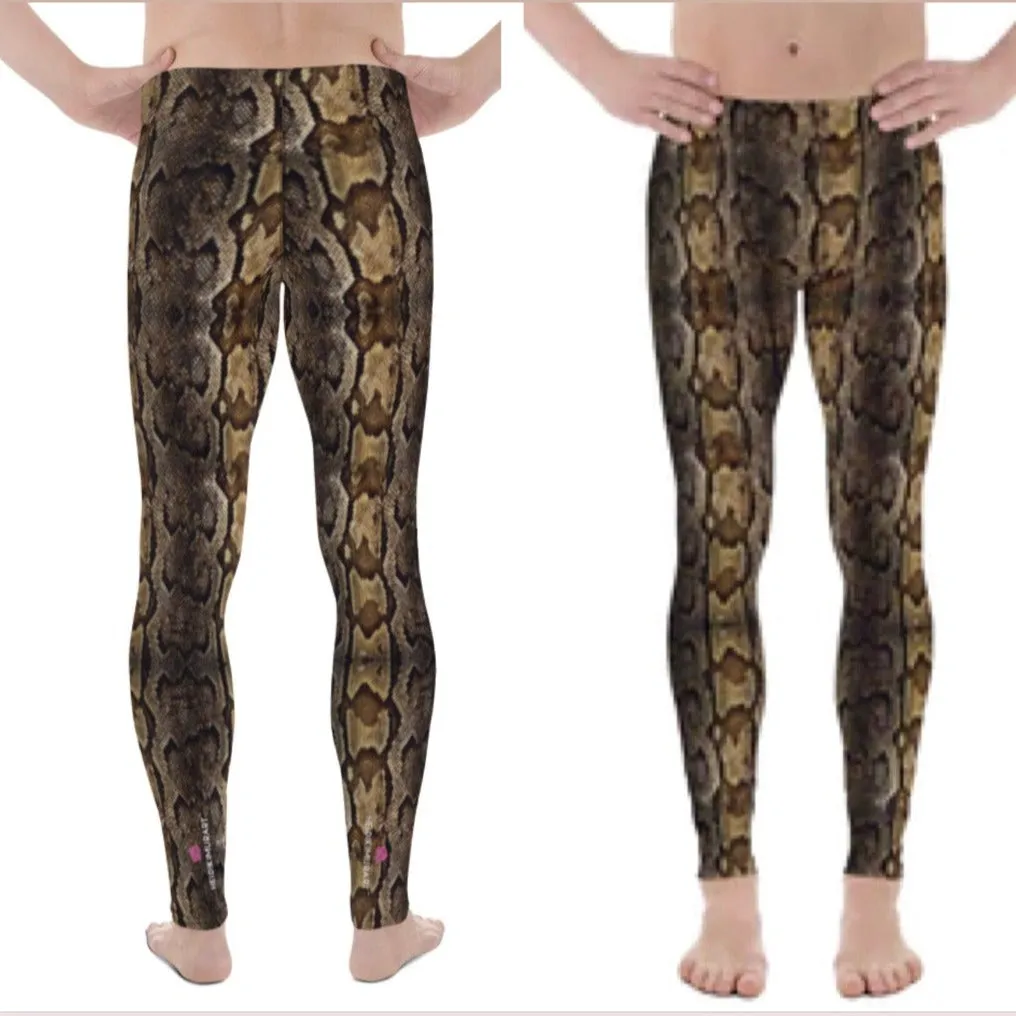 Brown Snake Print Men's Leggings, Snake Skin Python Style Meggings Tights For Men - Made in USA/EU