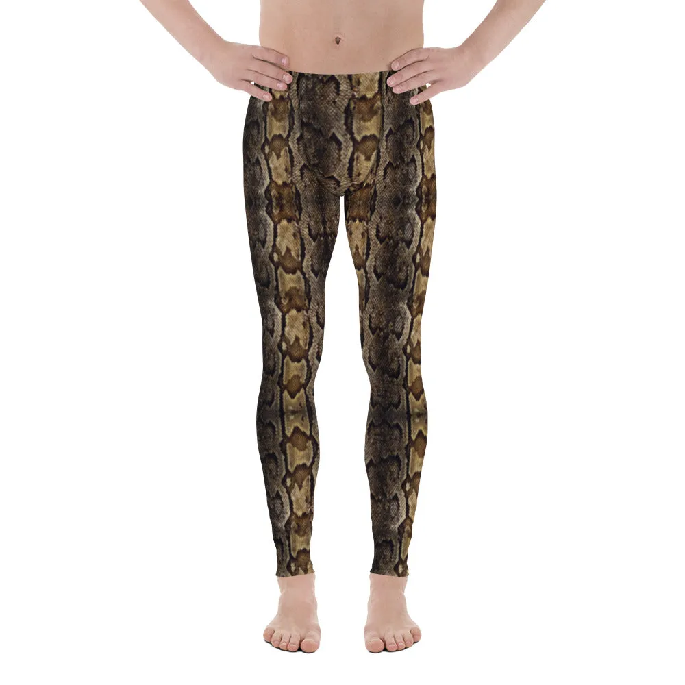 Brown Snake Print Men's Leggings, Snake Skin Python Style Meggings Tights For Men - Made in USA/EU