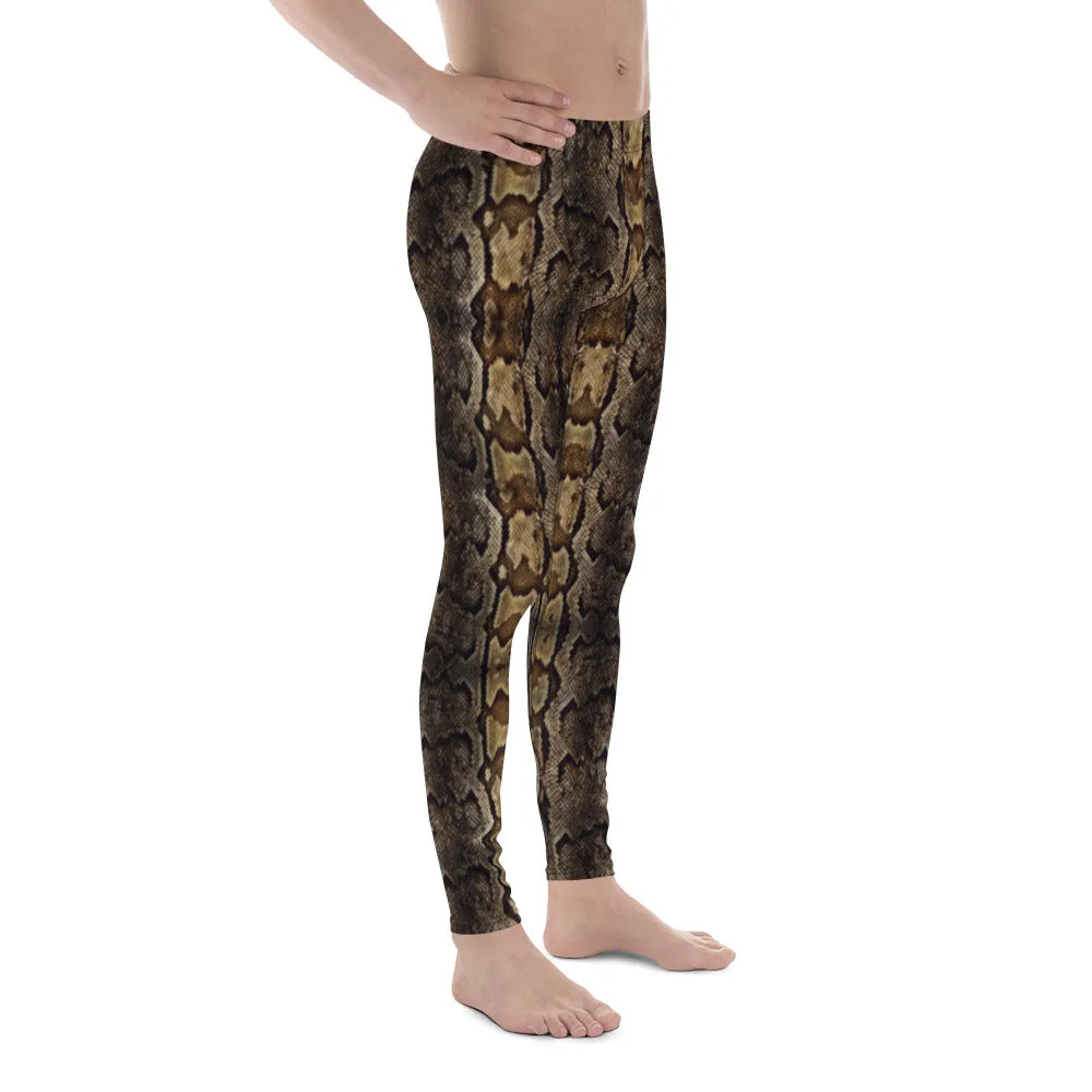 Brown Snake Print Men's Leggings, Snake Skin Python Style Meggings Tights For Men - Made in USA/EU