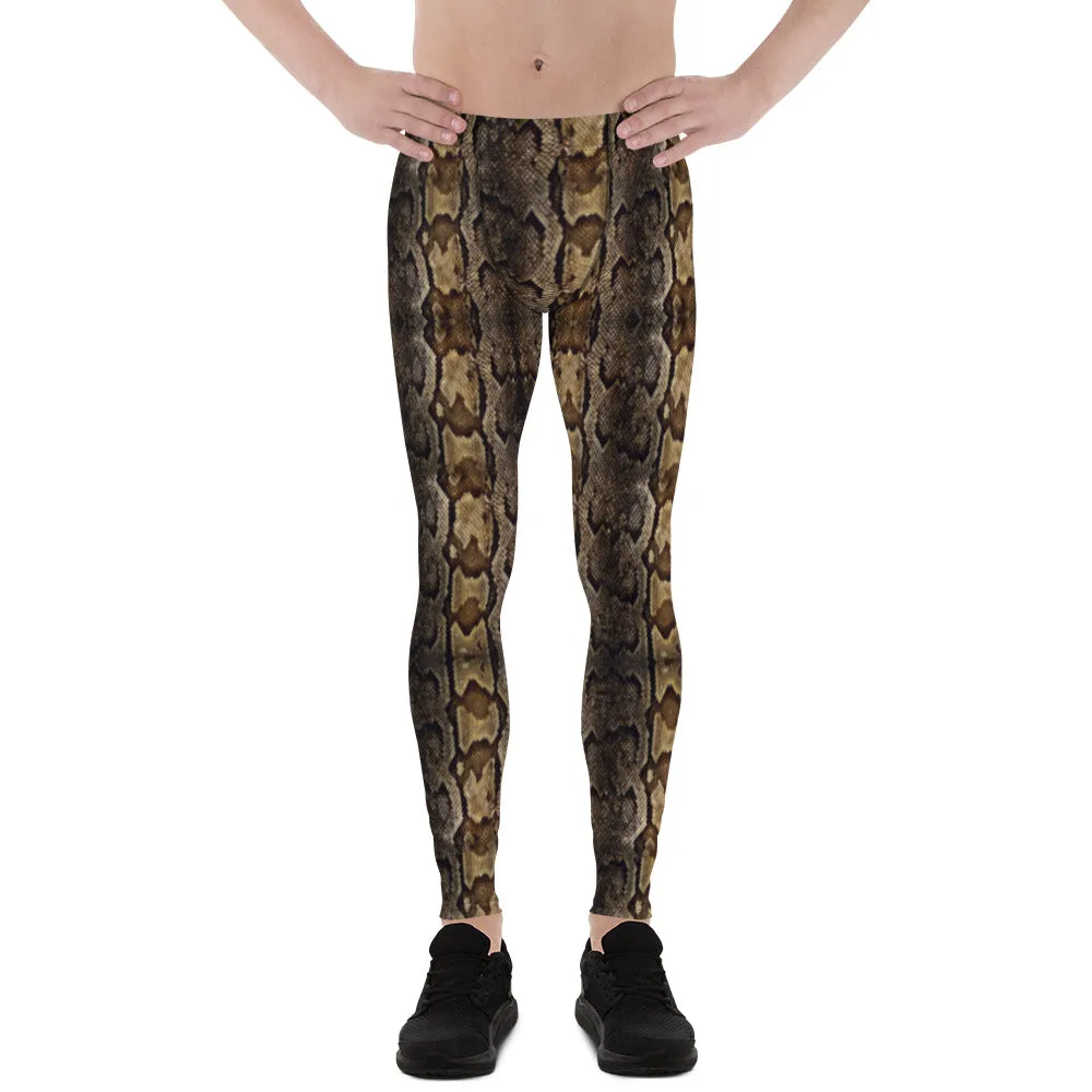 Brown Snake Print Men's Leggings, Snake Skin Python Style Meggings Tights For Men - Made in USA/EU