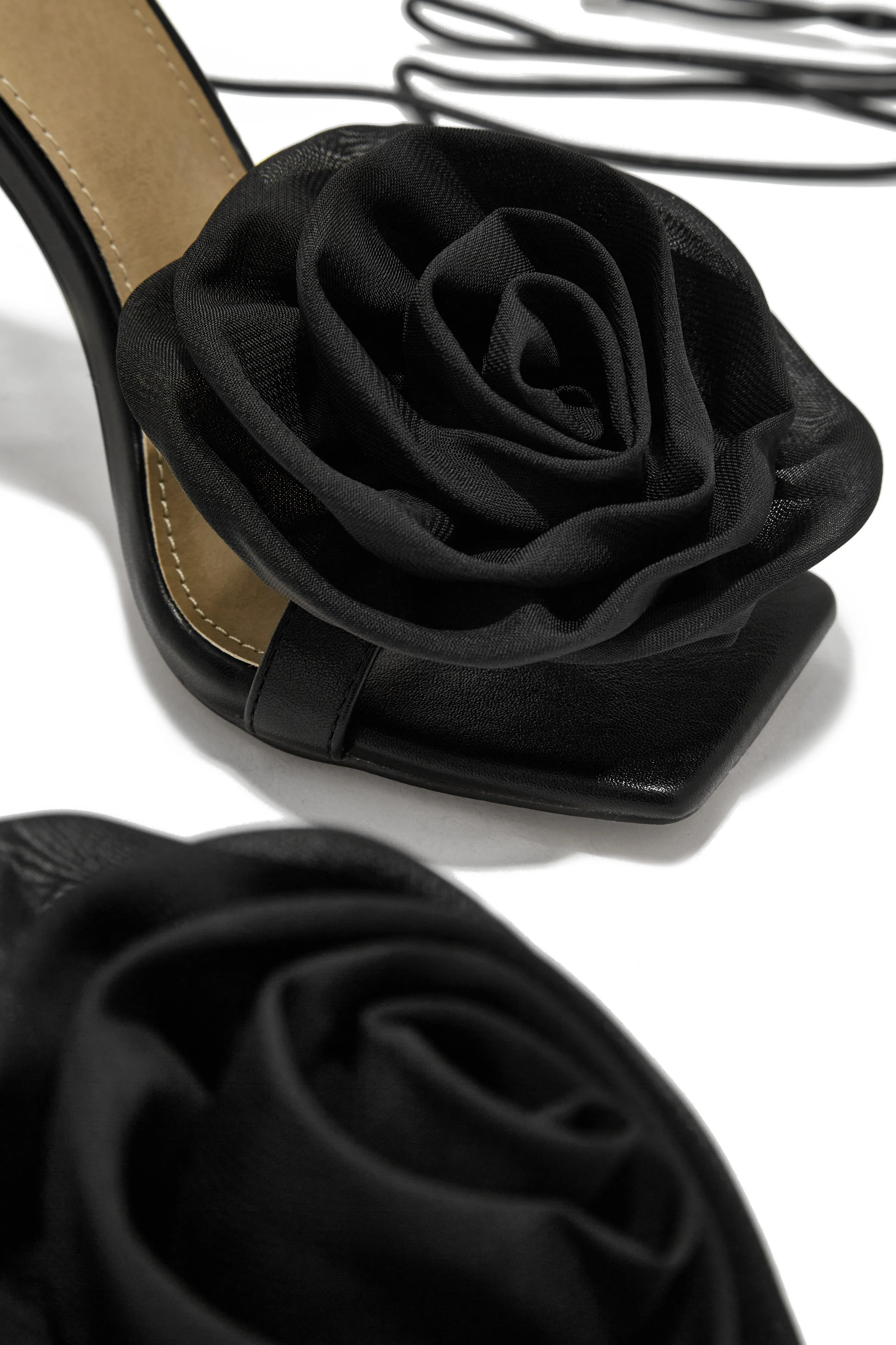 Divine Bloom Rosette Lace Up Heels - Black