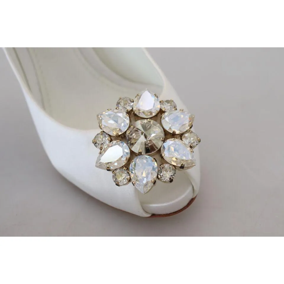 Dolce & Gabbana Crystal-Embellished White Peep Toe Heels