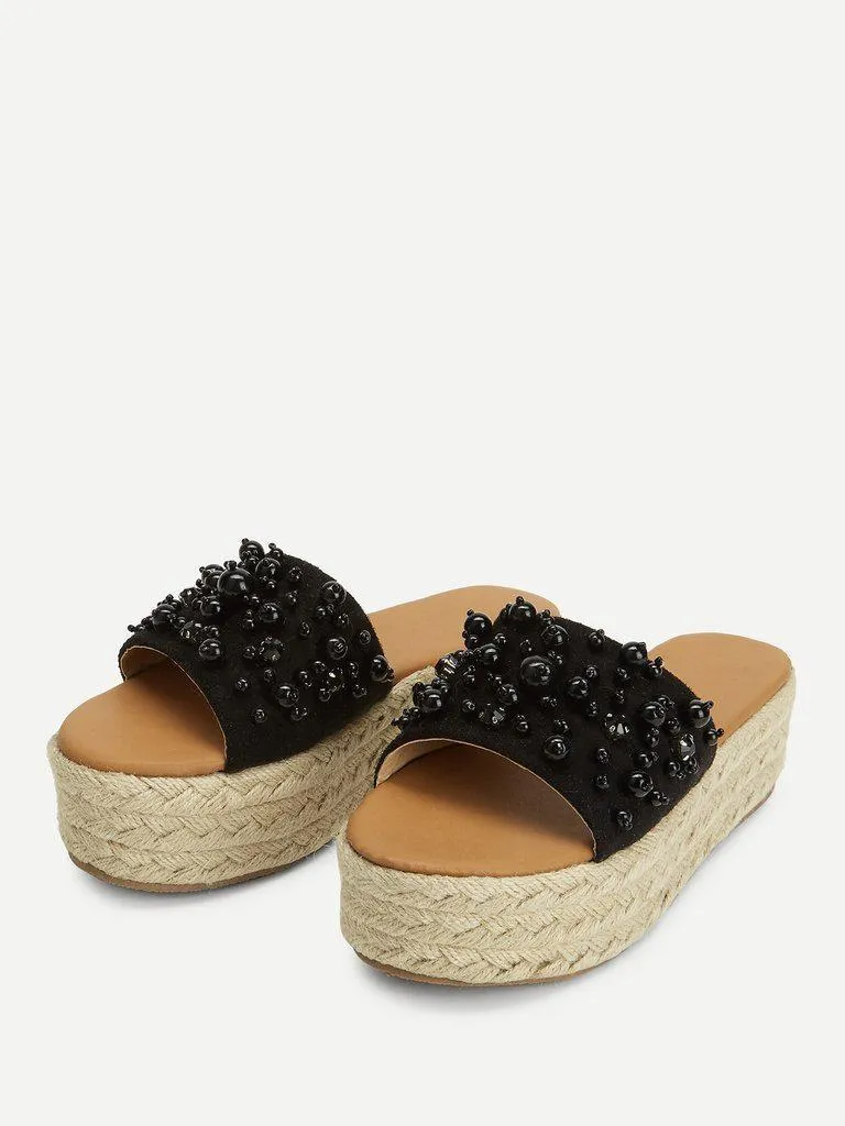 Faux Pearl Espadrille Platform Wedges