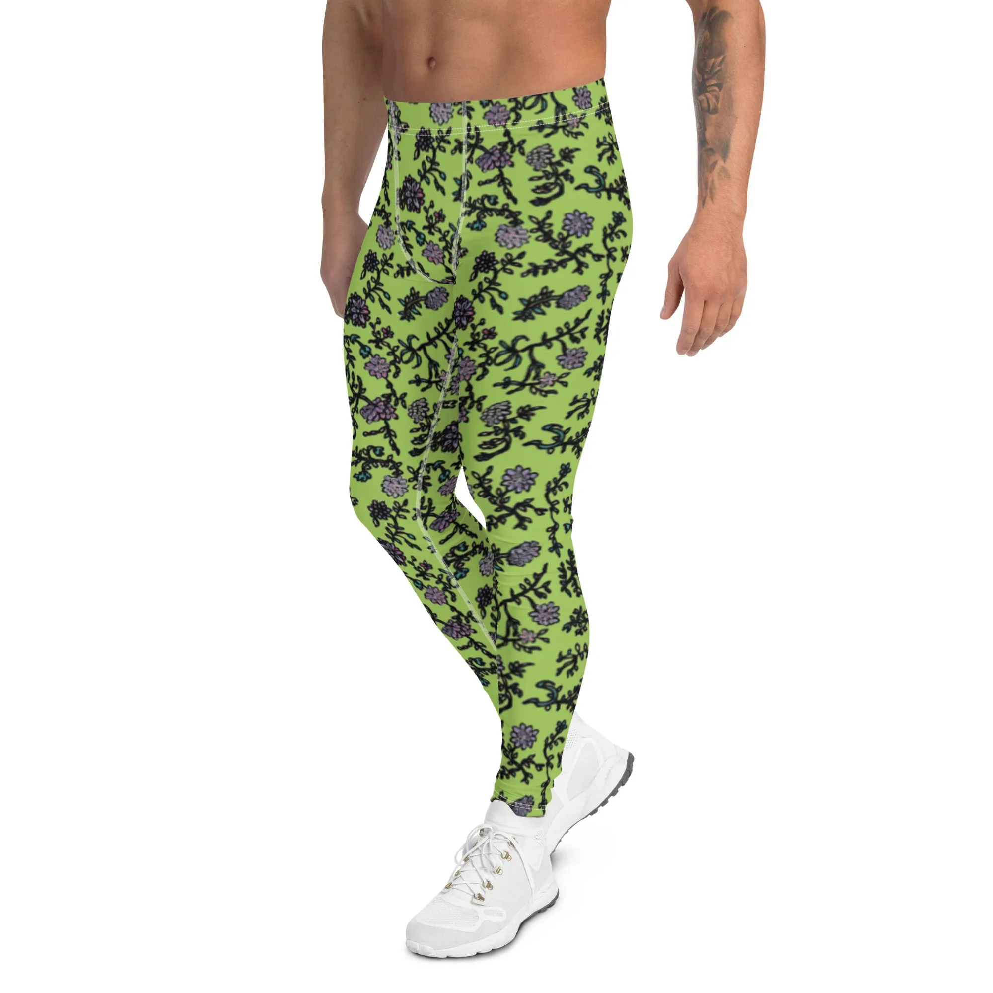 Floral Purple Print Men's Leggings, Flower Printed Designer Meggings Compression Tights-Made in USA/EU/MX