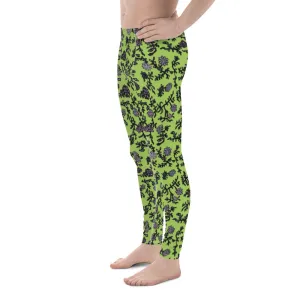 Floral Purple Print Men's Leggings, Flower Printed Designer Meggings Compression Tights-Made in USA/EU/MX