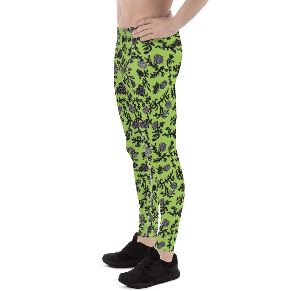 Floral Purple Print Men's Leggings, Flower Printed Designer Meggings Compression Tights-Made in USA/EU/MX