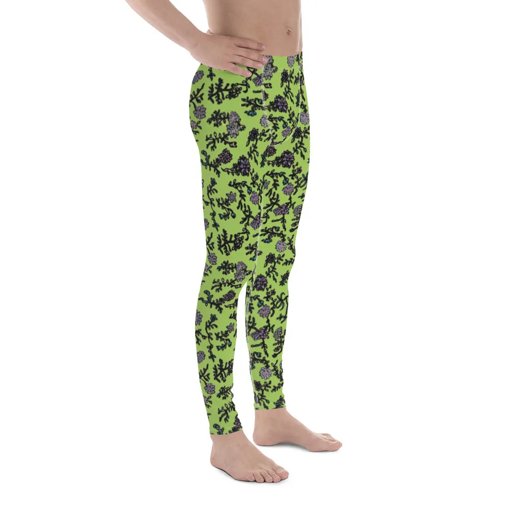 Floral Purple Print Men's Leggings, Flower Printed Designer Meggings Compression Tights-Made in USA/EU/MX