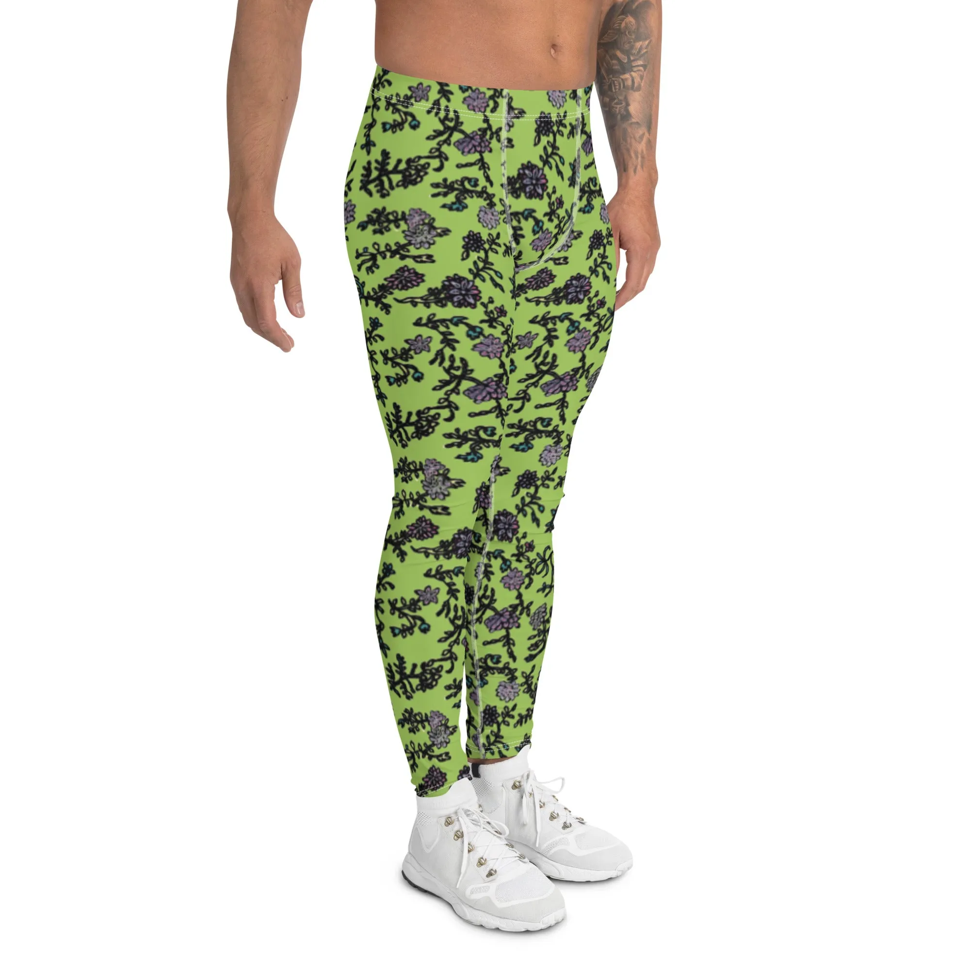 Floral Purple Print Men's Leggings, Flower Printed Designer Meggings Compression Tights-Made in USA/EU/MX