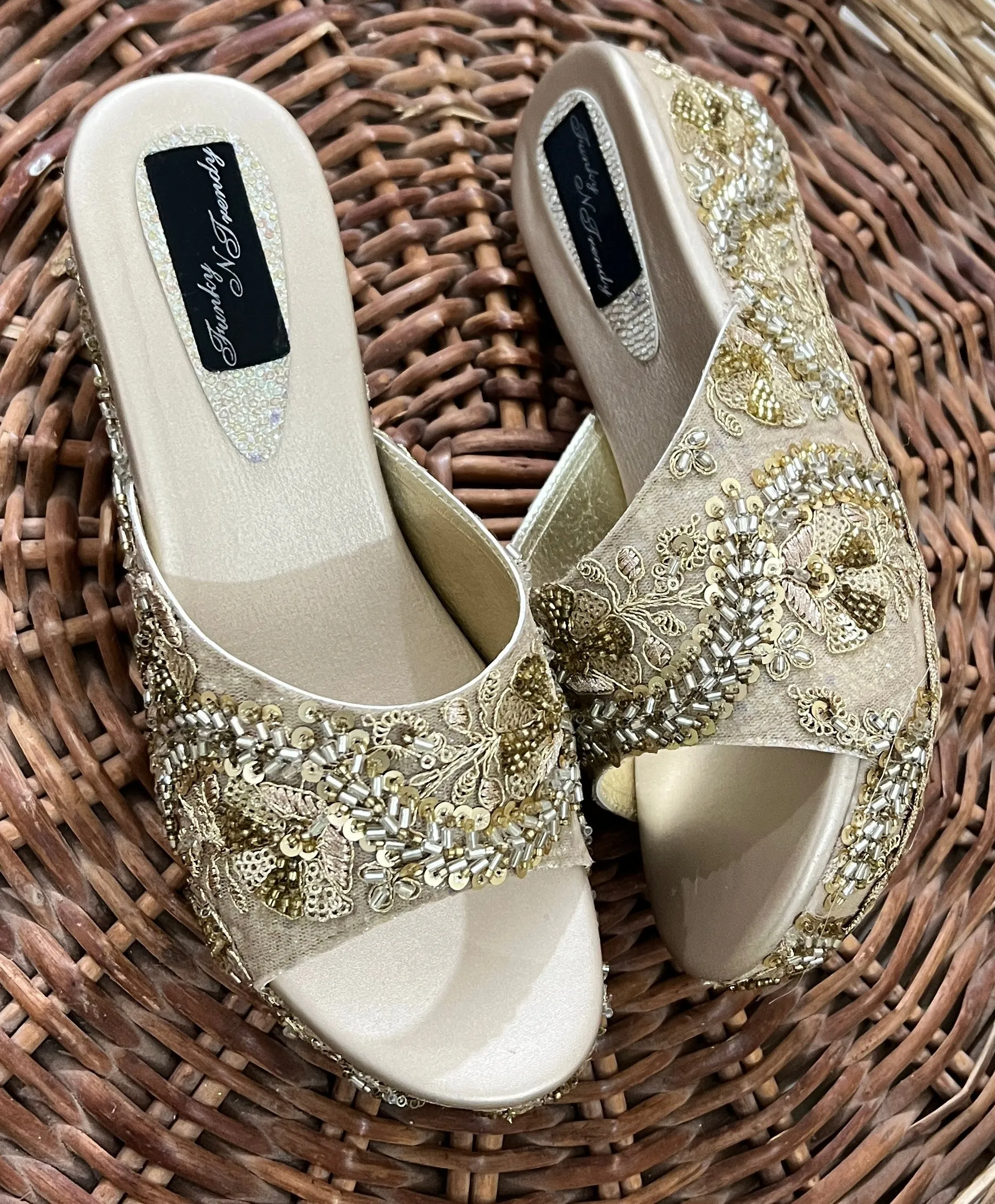 FUNKY N TRENDY handcrafted wedge heel footwear/ golden wedges / gold wedges /hand embroidered wedges /beads and sequine detailing for brides / bridesmaids/ bridal heels / bridal footwear