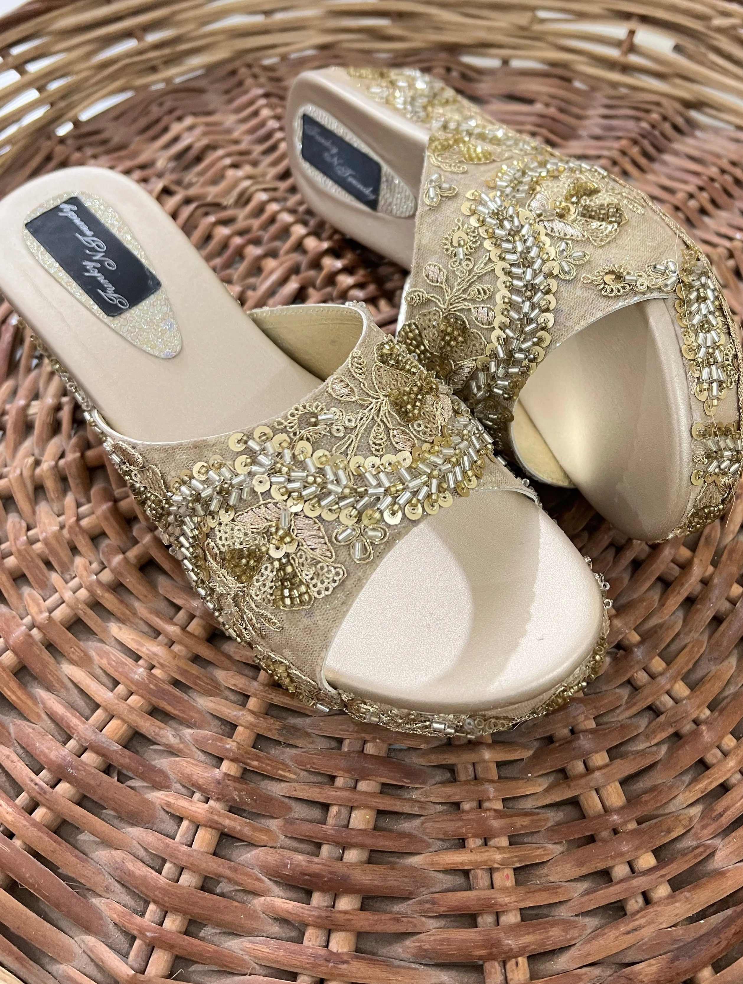 FUNKY N TRENDY handcrafted wedge heel footwear/ golden wedges / gold wedges /hand embroidered wedges /beads and sequine detailing for brides / bridesmaids/ bridal heels / bridal footwear