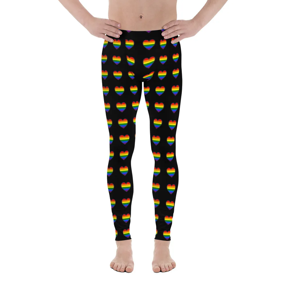 Gay Pride Heart Men's Leggings, Rainbow Hearts Valentines Day Meggings-Made in USA/EU