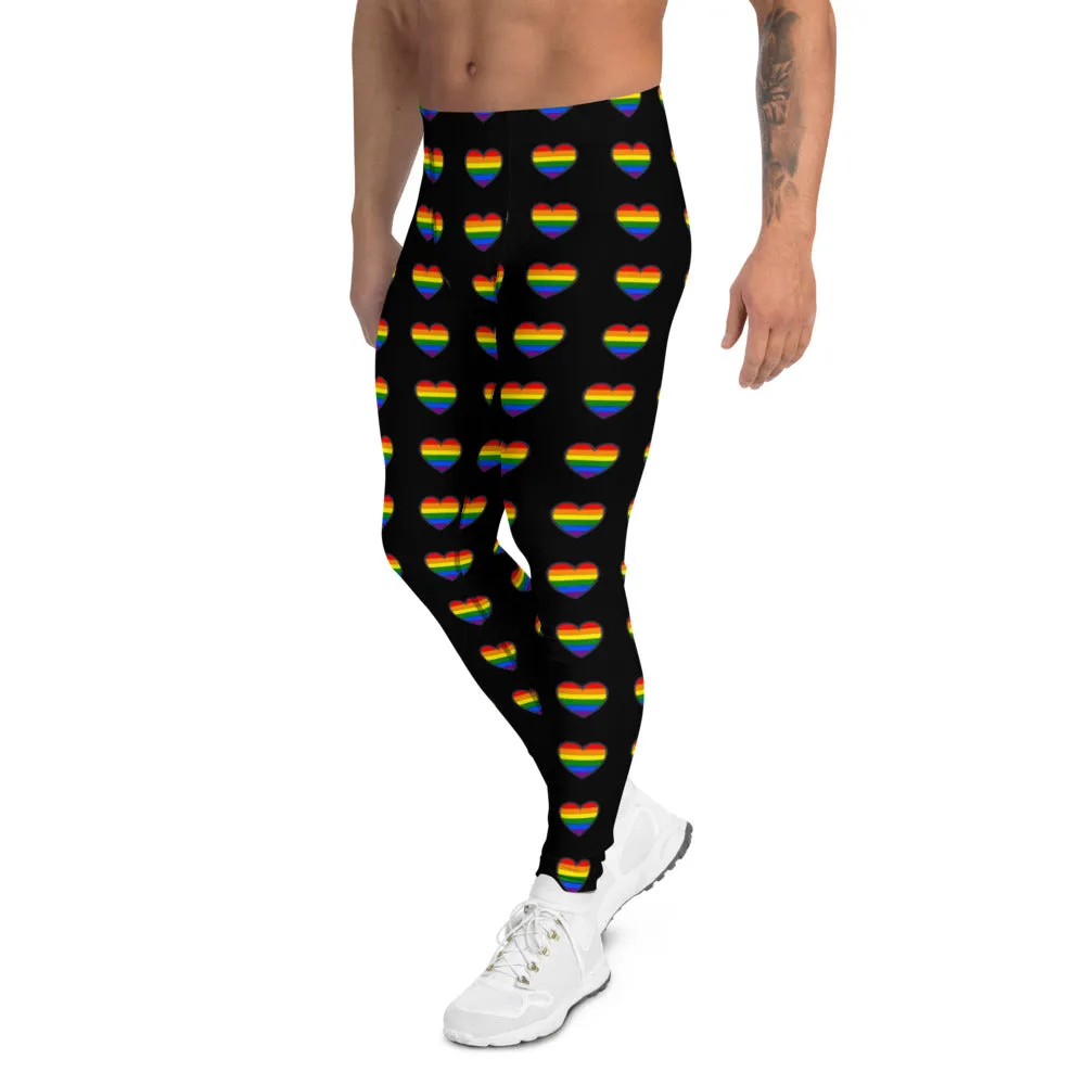 Gay Pride Heart Men's Leggings, Rainbow Hearts Valentines Day Meggings-Made in USA/EU